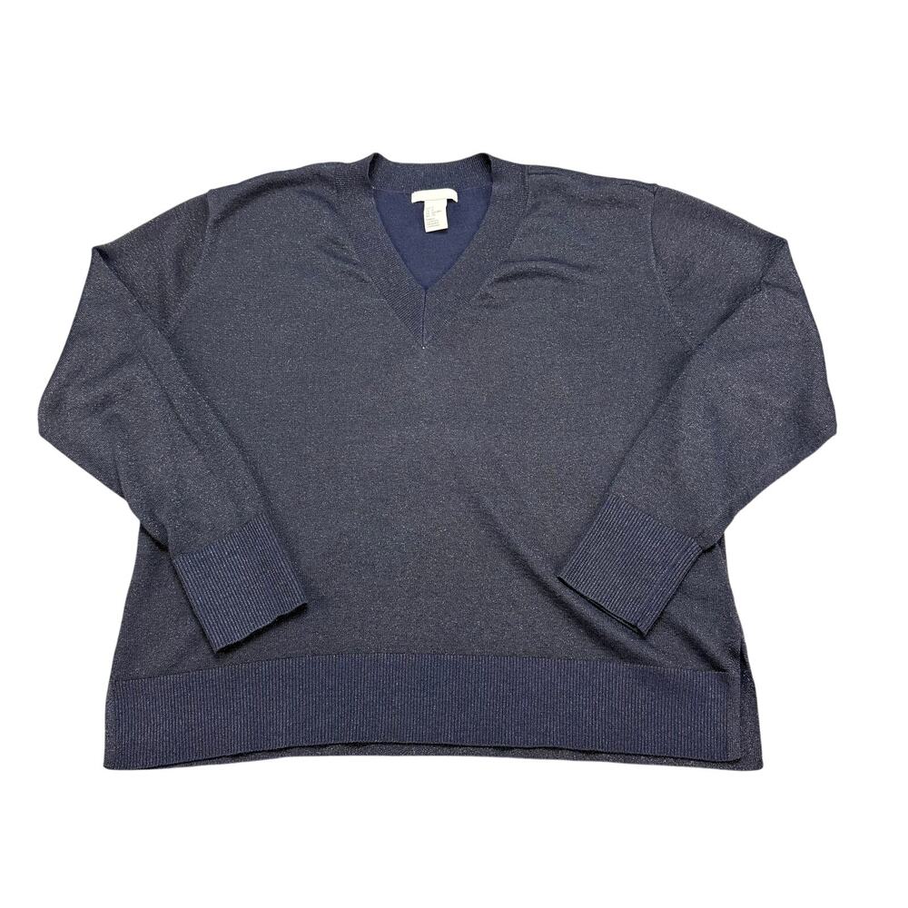 H&M Navy Blue V-Neck Sparkle Sweater Womens SIze S Sparkle Glitterā Shimmer